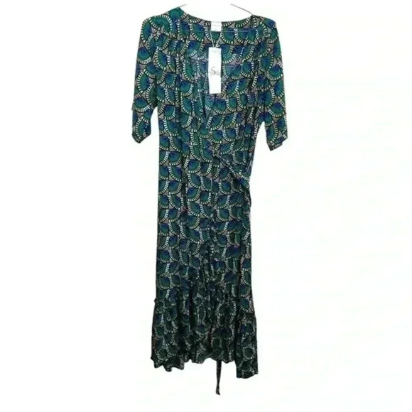 Silk & Salt Green And Blue Journey African Peacock‎ Wrap Maxi Dress - Picture 1 of 9